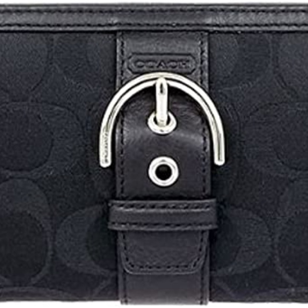 NWT Coach 50095 Black Campbell Signature Buckle Zip Around Accordion Wallet Belo